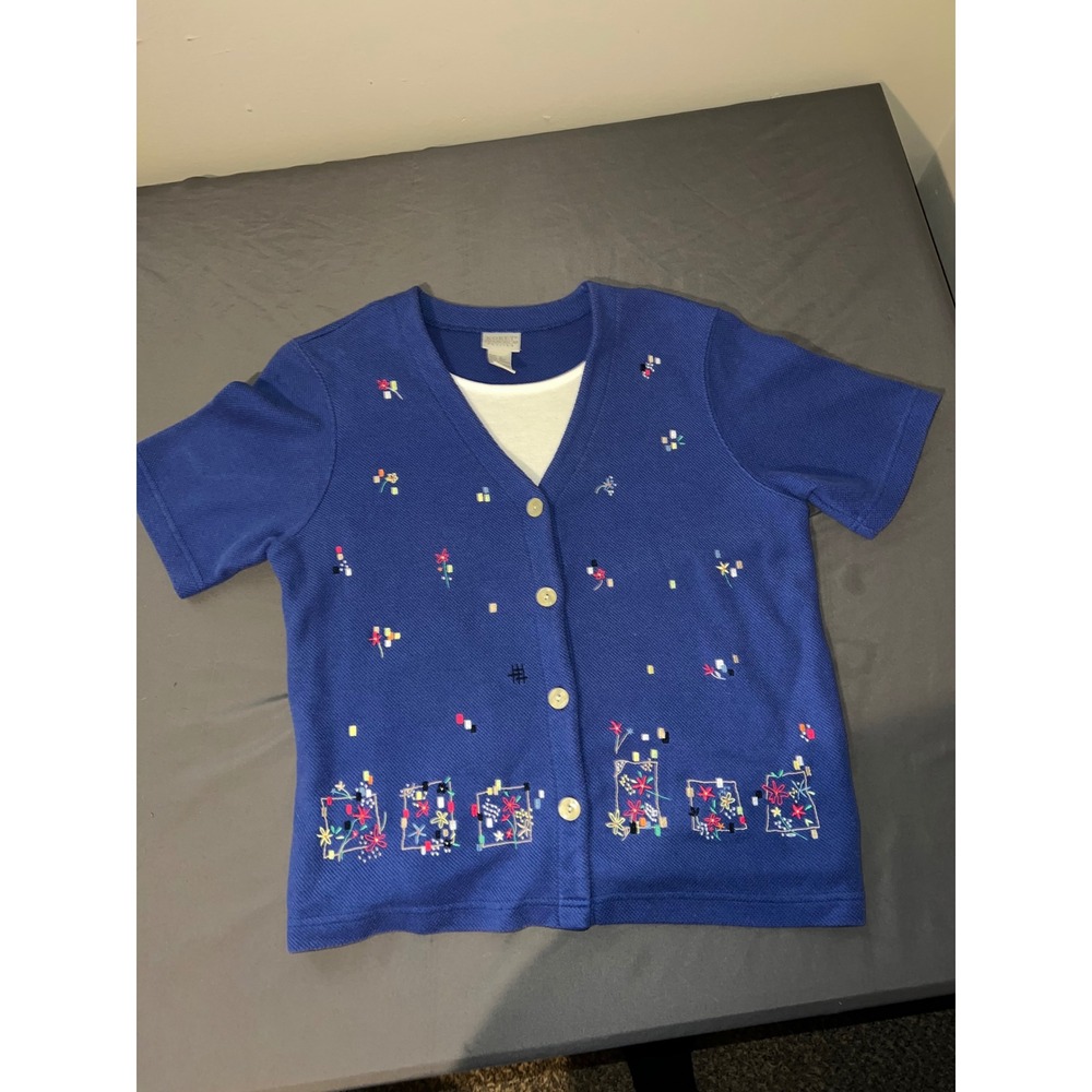 Koret Francisca Petites Blue Floral Embroidered Cardigan Top Size Large 394L628